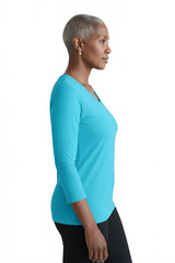 Turquoise V-Neck 3/4 Sleeve Top Side Profile - Moisture Wicking | JudyP Apparel