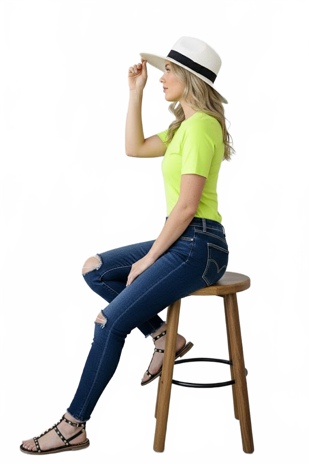 Harlequin Yellow-Green Crewneck Short Sleeve Top Seated Profile with Hat - Wrinkle-Free Travel Clothing | JudyP Apparel