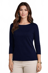 Navy Boatneck 3/4 Sleeve Top Front View - Wrinkle-Free Elevated Basic Machine Washable | JudyP Apparel