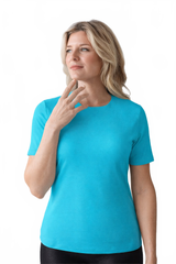 Cerulean Blue Crewneck Short Sleeve Top Front View - Wrinkle-Free Elevated Basic Machine Washable | JudyP Apparel