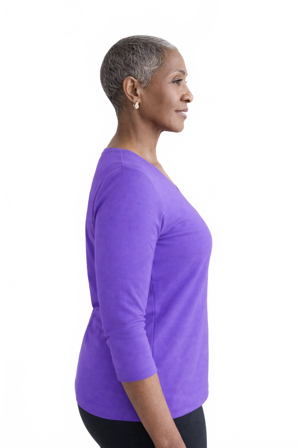 Imperial Purple Crewneck 3/4 Sleeve Top Side Profile - Machine Washable Travel Clothing | JudyP Apparel