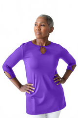 Imperial Purple Keyhole Neck 3/4 Sleeve Tunic Front View - Elevated Basic | JudyP Apparel