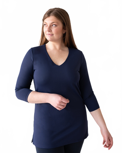 Navy V-Neck 3/4 Sleeve Tunic Top Angled Front View - Moisture Wicking Made in USA | JudyP Apparel