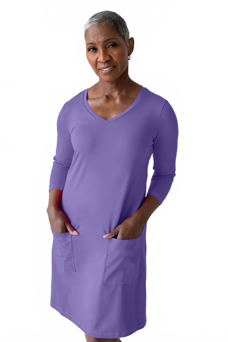 Lapis V-Neck 3/4 Sleeve Pocket Dress Front View - Machine Washable Wrinkle-Free Travel Clothing | JudyP Apparel