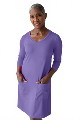 Lapis V-Neck 3/4 Sleeve Pocket Dress Front View - Machine Washable Wrinkle-Free Travel Clothing | JudyP Apparel