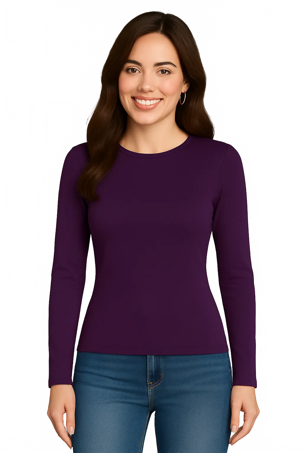 Plum Crewneck Long Sleeve Top Front View - Moisture Wicking Travel Clothing | JudyP Apparel
