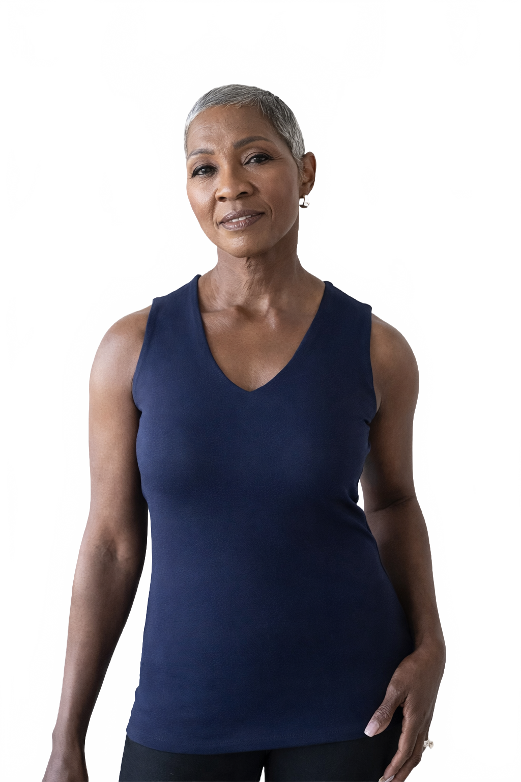 Navy V-Neck Sleeveless Tank Top Front View - Moisture Wicking Flattering Fit | JudyP Apparel