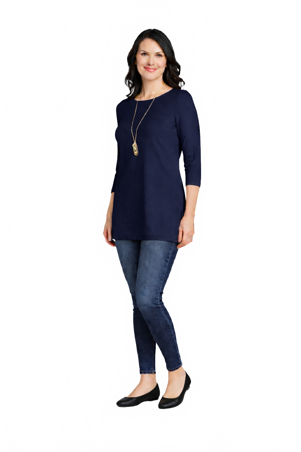 Navy Crewneck 3/4 Sleeve Tunic Full Length View - Made in USA | JudyP Apparel