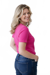 Razzmatazz Crewneck Short Sleeve Top Angled View - UPF 50 | JudyP Apparel