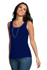 Navy Scoop Neck Sleeveless Tank Top Angled View - Made in USA | JudyP Apparel