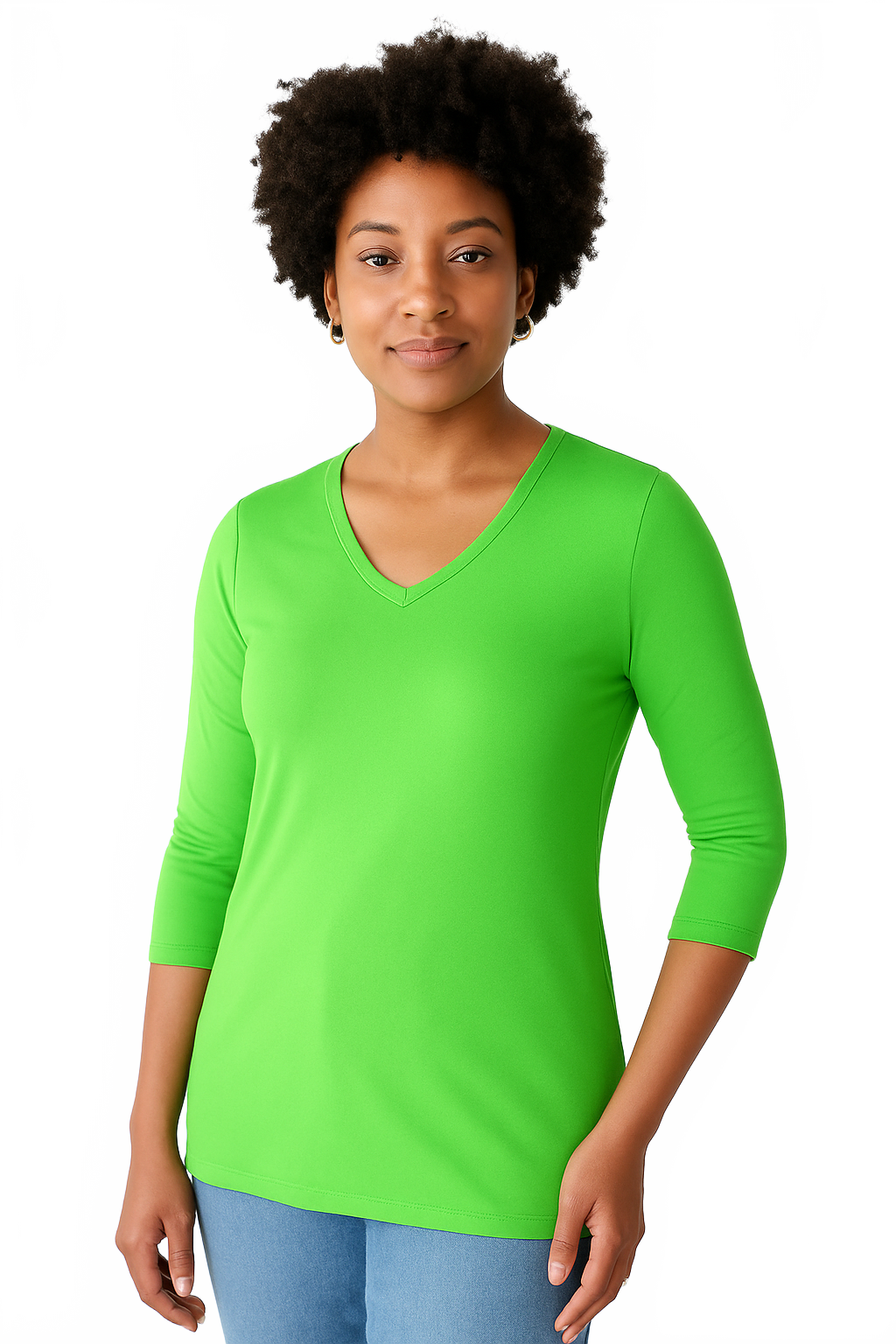 Fern V-Neck 3/4 Sleeve Top Front View - Machine Washable | JudyP Apparel