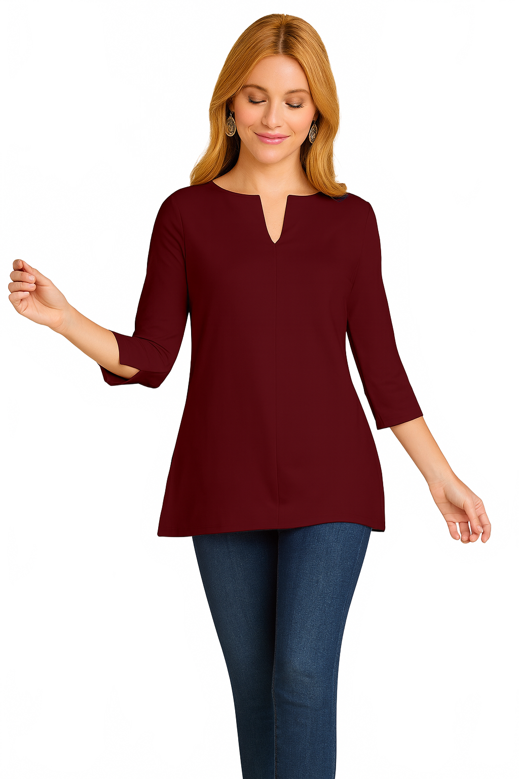 Burgundy V-Neck 3/4 Sleeve Tunic Angled View - Wrinkle-Free | JudyP Apparel