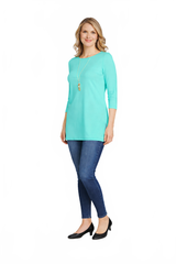 Turquoise Crewneck 3/4 Sleeve Tunic Full Length View - Wrinkle-Free | JudyP Apparel