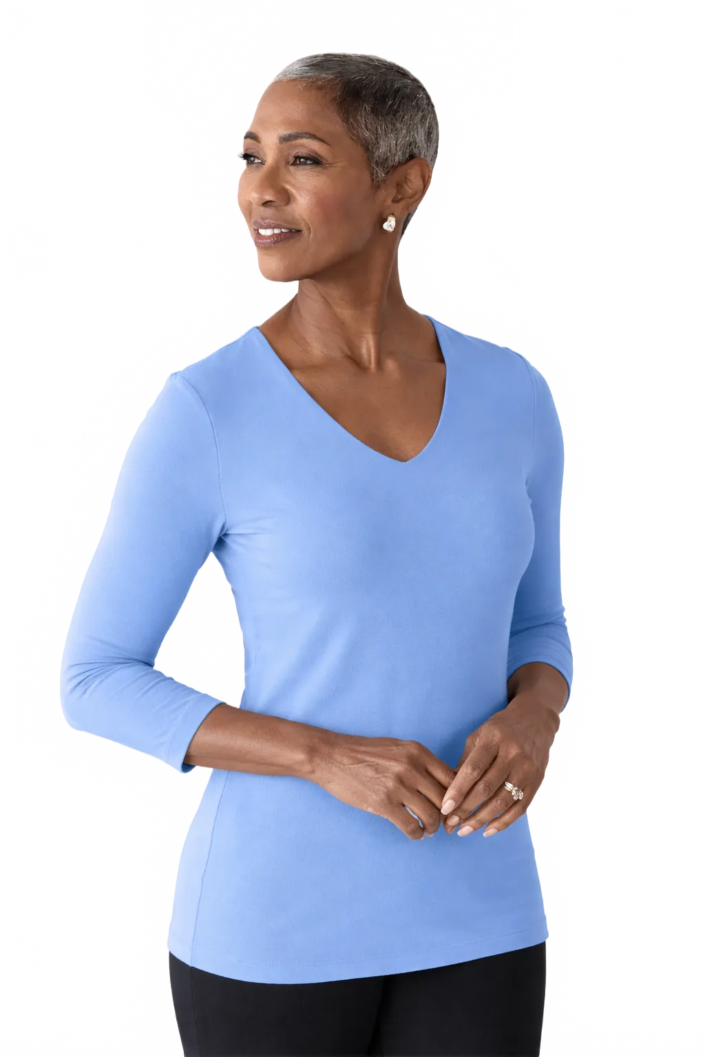 Cerulean V-Neck 3/4 Sleeve Top Angled View - Wrinkle-Free | JudyP Apparel