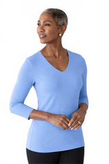 Cerulean V-Neck 3/4 Sleeve Top Angled View - Wrinkle-Free | JudyP Apparel