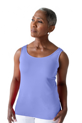 Periwinkle Scoop Neck Sleeveless Tank Top Angled View - Flattering Fit Made in USA | JudyP Apparel