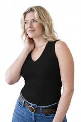 Black V-Neck Sleeveless Tank Top Angled Front View - Travel Clothing Moisture Wicking | JudyP Apparel
