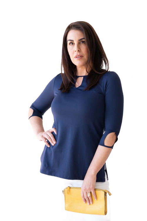 Navy Keyhole Neck 3/4 Sleeve Tunic Front View - Wrinkle-Free | JudyP Apparel
