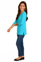 Cerulean Scoop Neck 3/4 Sleeve Tunic Full Length Side Profile - Moisture Wicking | JudyP Apparel
