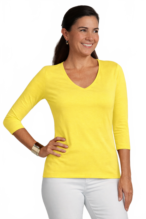Chartreuse V-Neck 3/4 Sleeve Top Front View - Made in USA | JudyP Apparel