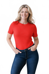 Razzmatazz Red Crewneck Short Sleeve Top Front View - Wrinkle-Free Elevated Basic Machine Washable | JudyP Apparel
