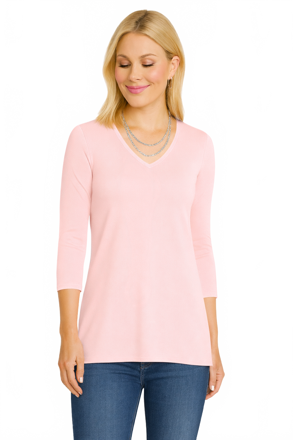Pearl Pink V-Neck 3/4 Sleeve Top Front View - Wrinkle-Free Made in USA | JudyP Apparel