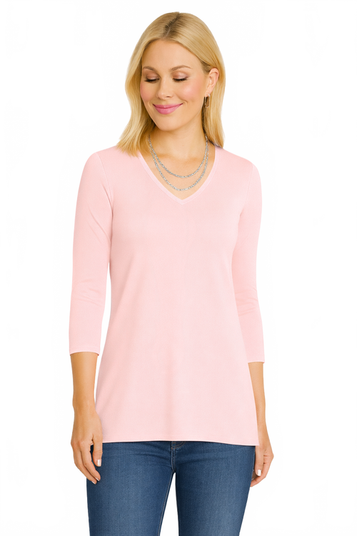 Pearl Pink V-Neck 3/4 Sleeve Top Front View - Wrinkle-Free Made in USA | JudyP Apparel