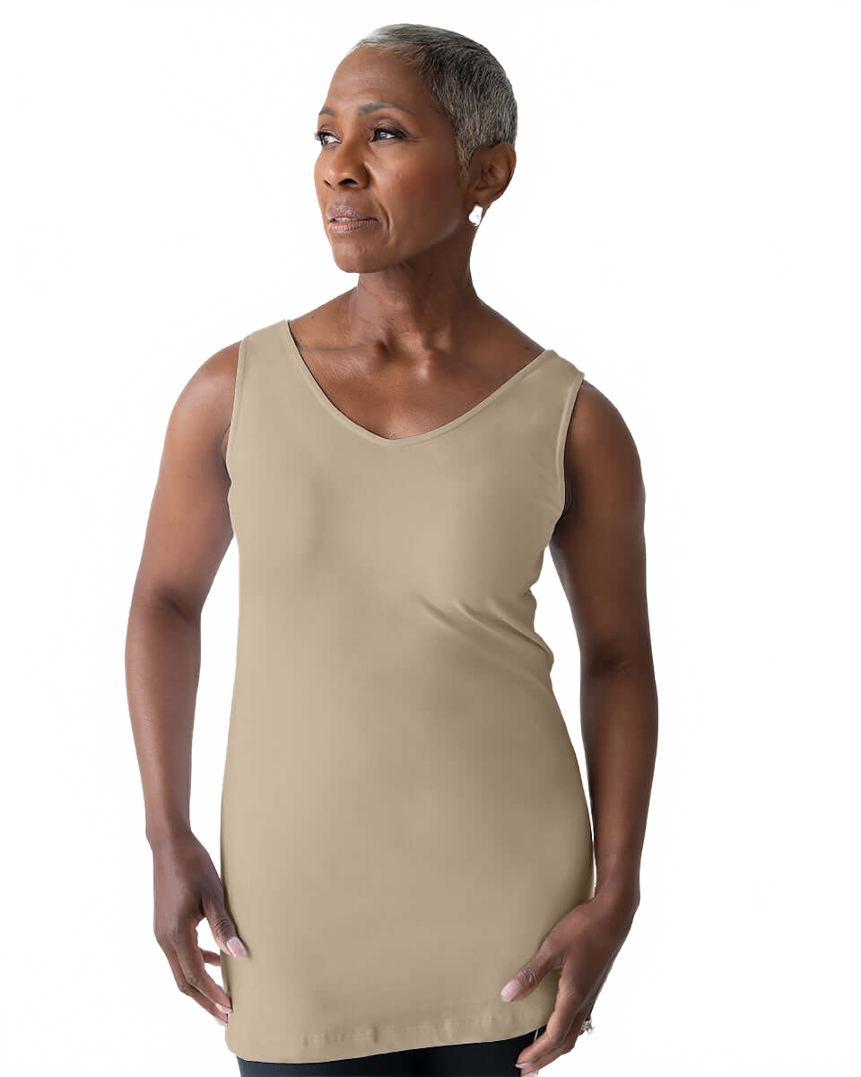 Khaki V-Neck Sleeveless Tunic Angled View - Moisture Wicking Travel Clothing | JudyP Apparel