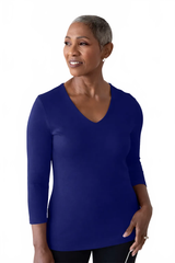 Mazarine V-Neck 3/4 Sleeve Top Angled View - Moisture Wicking | JudyP Apparel