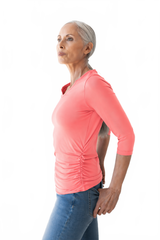 Coral V-Neck 3/4 Sleeve Top Side Profile - Made in USA | JudyP Apparel