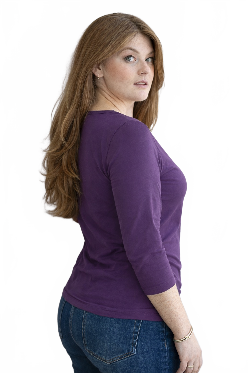 Imperial Purple Crewneck 3/4 Sleeve Top Side Profile - Flattering Fit | JudyP Apparel