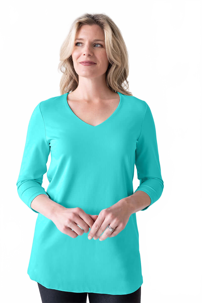 Turquoise V-Neck 3/4 Sleeve Tunic Front View - Wrinkle-Free | JudyP Apparel