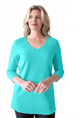 Turquoise V-Neck 3/4 Sleeve Tunic Front View - Wrinkle-Free | JudyP Apparel