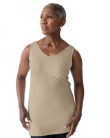 Camel V-Neck Sleeveless Tunic Angled View - UPF 50 Flattering Fit Travel Clothing | JudyP Apparel