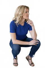 Mazarine Blue Crewneck Short Sleeve Top Crouching Pose - Flattering Fit Wrinkle-Free Travel Clothing | JudyP Apparel
