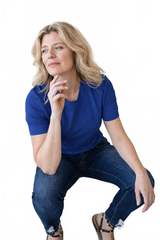 Mazarine Blue Crewneck Short Sleeve Top Seated Angled View - Flattering Fit Elevated Basic Travel Clothing | JudyP Apparel