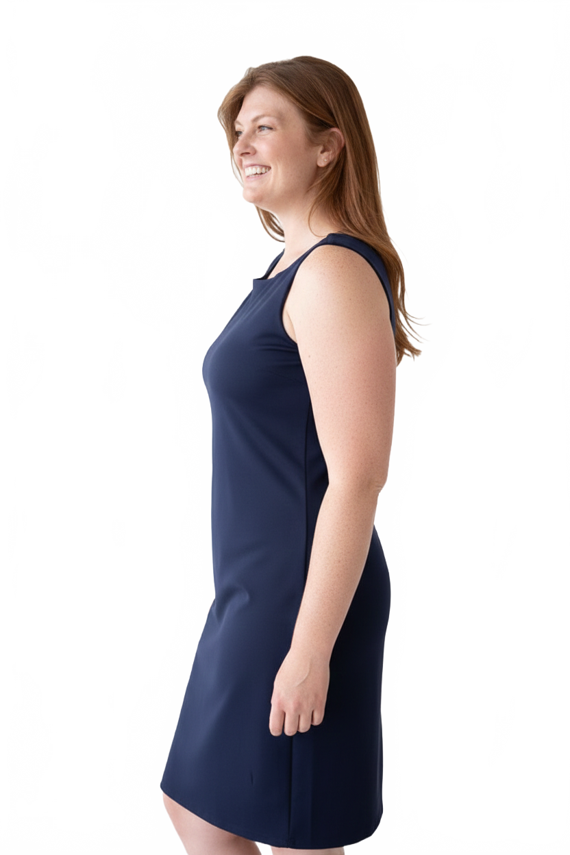 Navy Boatneck Sleeveless Dress Side Profile View - UPF 50 Elevated Basic | JudyP Apparel