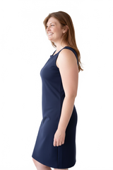 Navy Boatneck Sleeveless Dress Side Profile View - UPF 50 Elevated Basic | JudyP Apparel