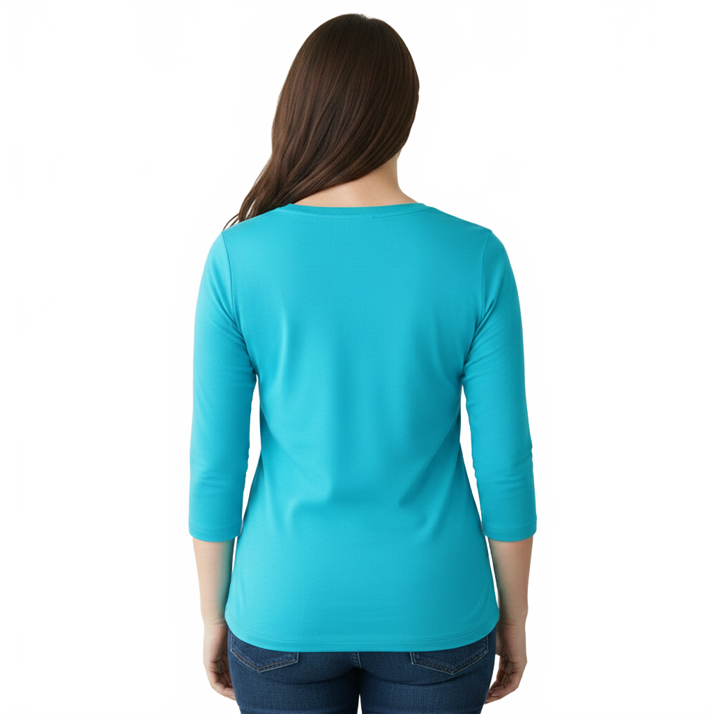 Turquoise V-Neck 3/4 Sleeve Top Back View - UPF 50 | JudyP Apparel