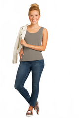 Khaki Scoop Neck Sleeveless Tank Top Full Length View - Travel Clothing | JudyP Apparel