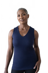 Navy V-Neck Sleeveless Tank Top Front View - Moisture Wicking Flattering Fit | JudyP Apparel