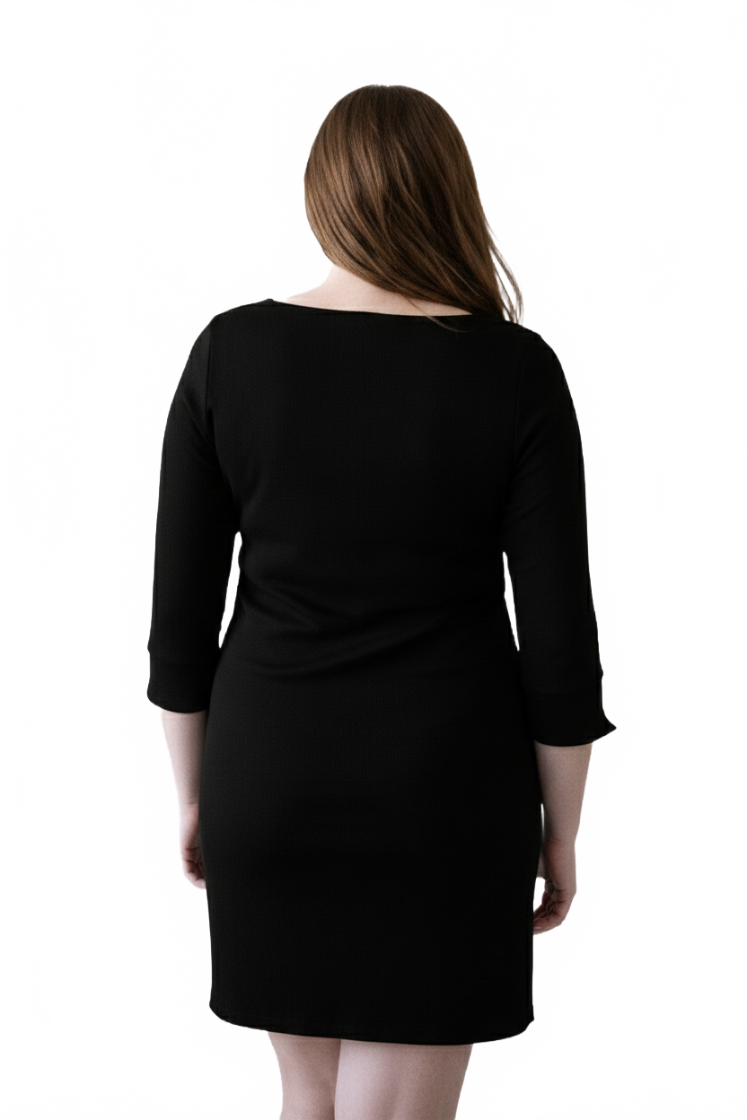 Black Boatneck 3/4 Sleeve Dress Back View - Machine Washable Made in USA | JudyP Apparel
