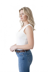 White V-Neck Sleeveless Tank Top Side Profile View - UPF 50 Travel Clothing | JudyP Apparel