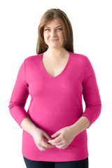 Fuchsia V-Neck 3/4 Sleeve Top Front View - Flattering Fit | JudyP Apparel