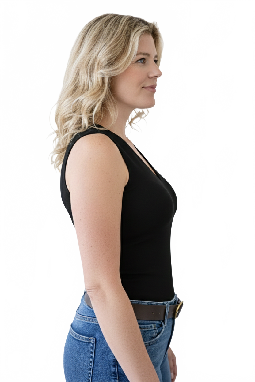 Black V-Neck Sleeveless Tank Top Side Profile View - UPF 50 Flattering Fit | JudyP Apparel
