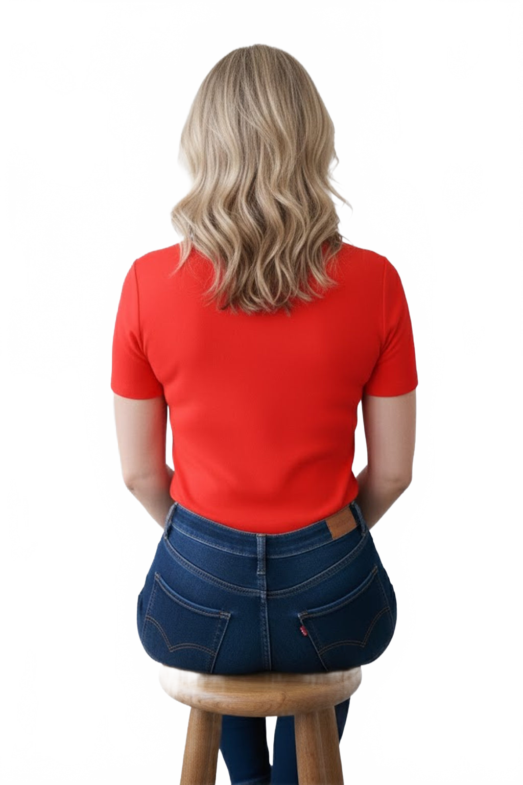Razzmatazz Red Crewneck Short Sleeve Top Seated Back View - Wrinkle-Free Machine Washable Travel Clothing | JudyP Apparel