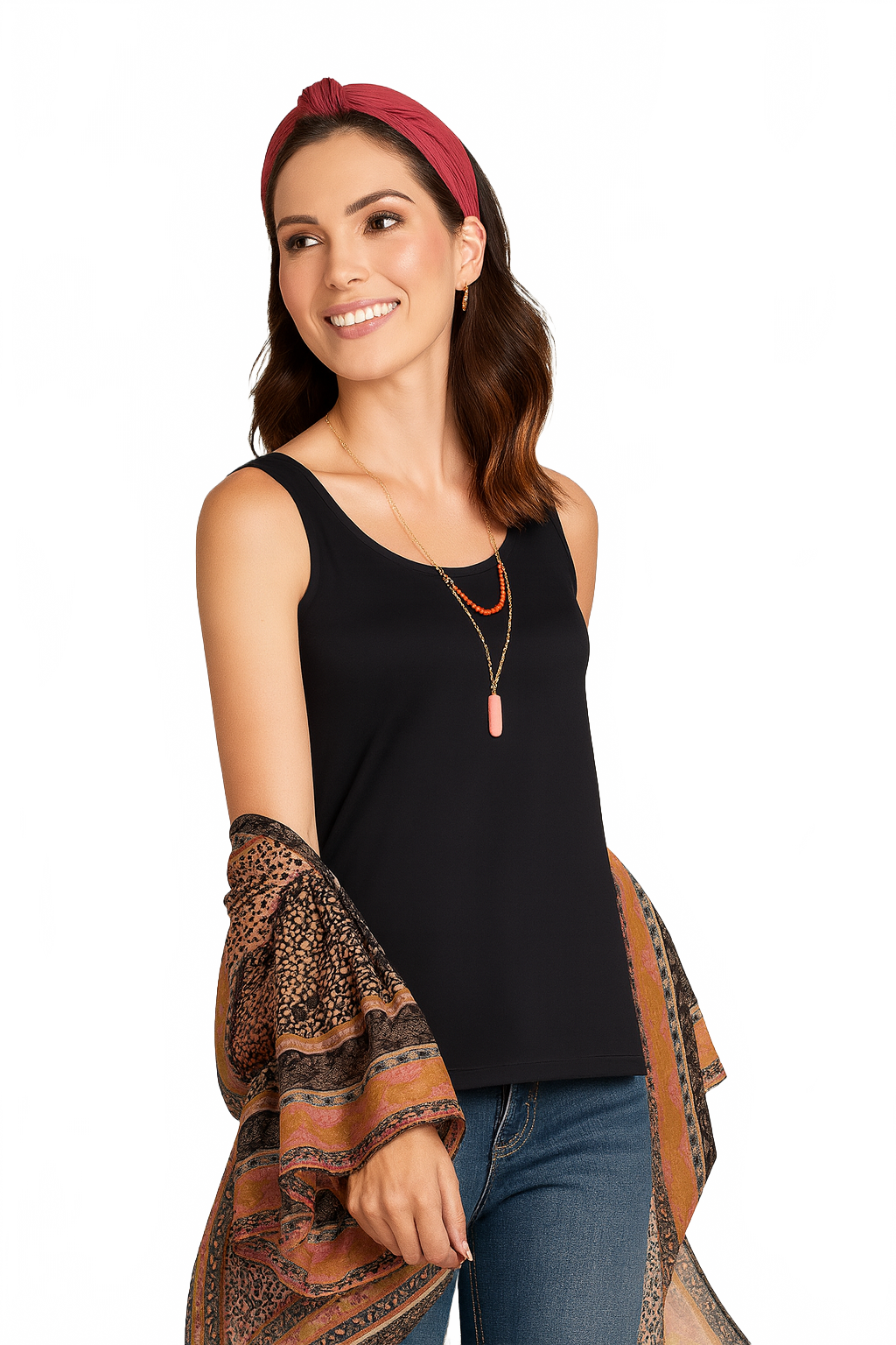 Black Scoop Neck Sleeveless Tank Top Angled Front View with Kimono - Elevated Basic Made in USA | JudyP Apparel