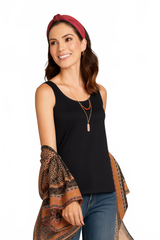 Black Scoop Neck Sleeveless Tank Top Angled Front View with Kimono - Elevated Basic Made in USA | JudyP Apparel