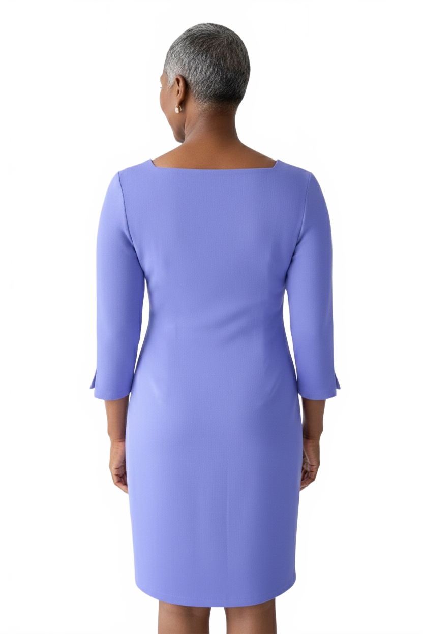 Periwinkle Scoop Neck 3/4 Sleeve Dress Back View - Machine Washable | JudyP Apparel