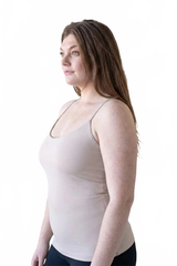 Natural Scoop Neck Sleeveless Tank Top Profile View - Wrinkle-Free Travel Clothing Made in USA | JudyP Apparel